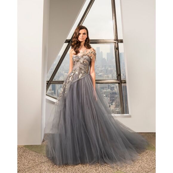 REEM ACRA Fit & Flare Beaded Tulle Ball Gown - Grey Gold